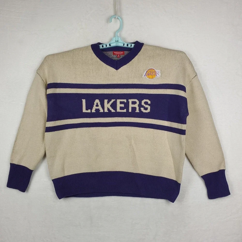 LA Lakers Mitchell & Ness NBA Medium‎ Womens Knit Sweater Cream Purple New